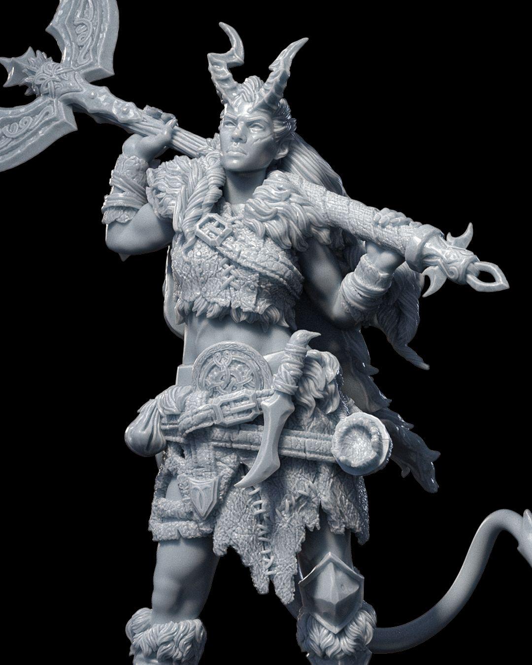 Tiefling Barbarian with Greataxe RPG Model w/ base | 32mm scale | D&D Tabletop Miniature
