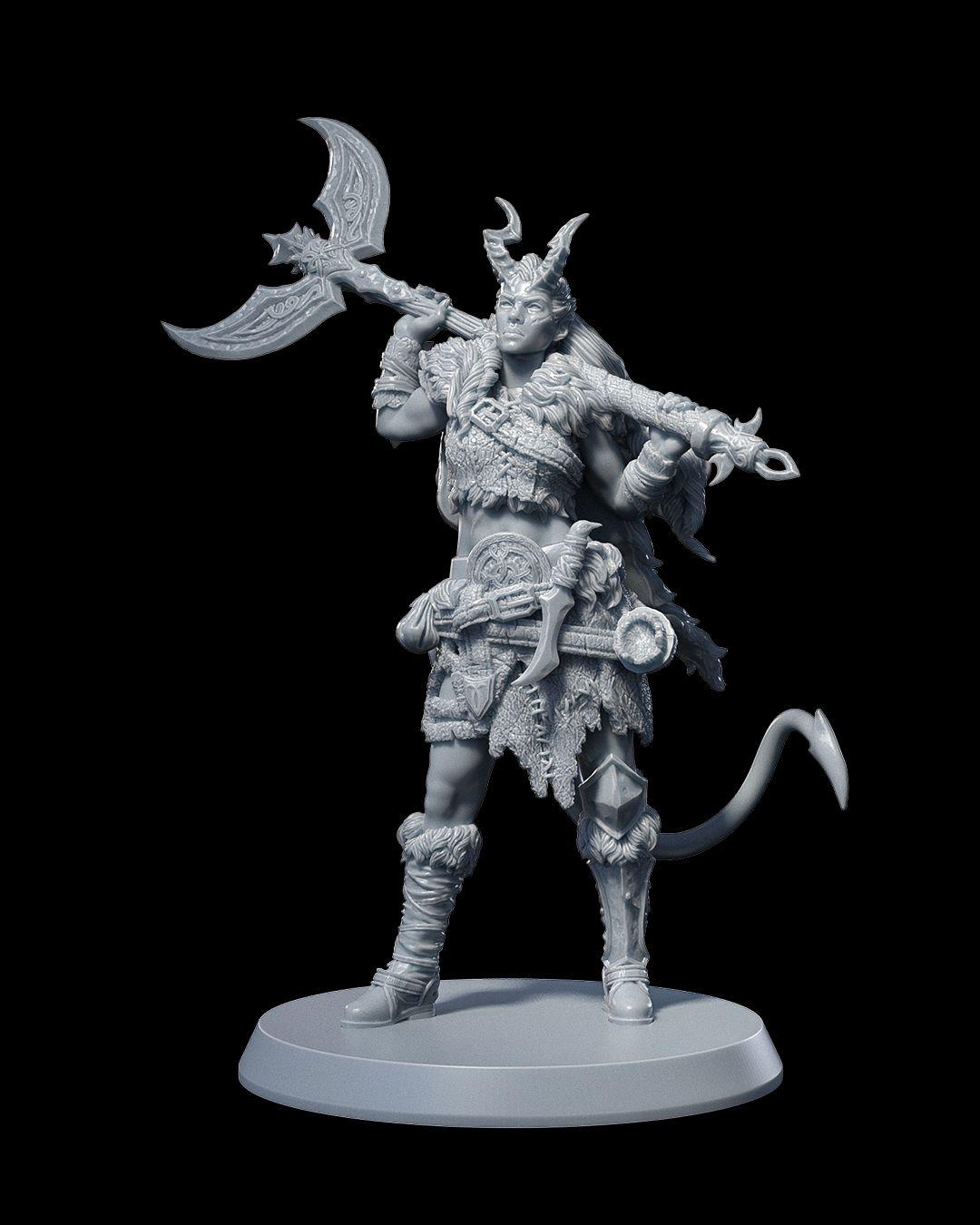 Tiefling Barbarian with Greataxe RPG Model w/ base | 32mm scale | D&D Tabletop Miniature